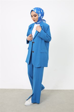 Blazer Ceketli Keten Pantolonlu Takım Saks