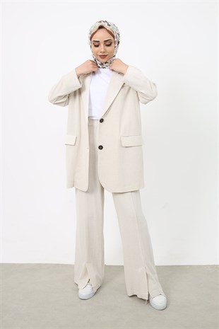 Blazer Ceketli Keten Pantolonlu Takım Bej