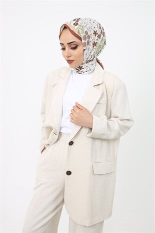 Blazer Ceketli Keten Pantolonlu Takım Bej