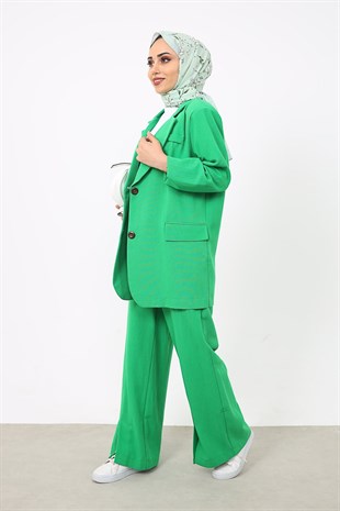 Blazer Ceketli Keten Pantolonlu Takım Yeşil