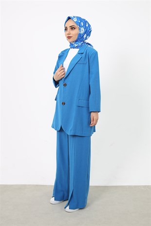 Blazer Ceketli Keten Pantolonlu Takım Saks