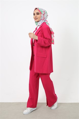 Blazer Ceketli Keten Pantolonlu Takım Fuşya
