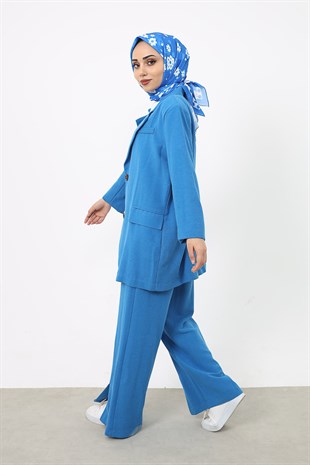 Blazer Ceketli Keten Pantolonlu Takım Saks