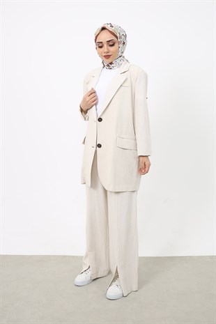 Blazer Ceketli Keten Pantolonlu Takım Bej