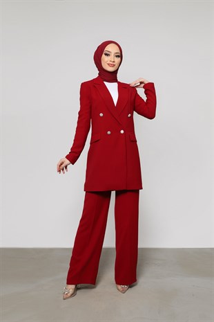 Blazer Ceketli Taş Düğmeli Takım Bordo