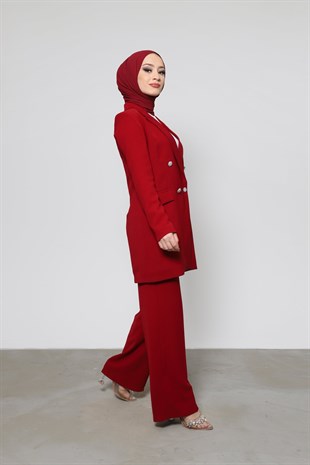 Blazer Ceketli Taş Düğmeli Takım Bordo