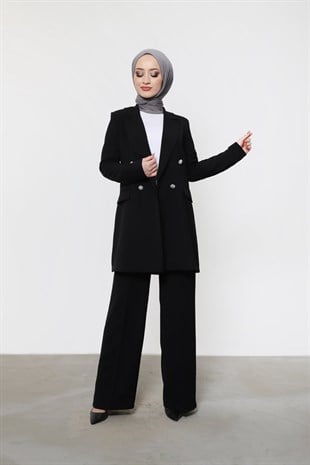 Blazer Ceketli Taş Düğmeli Takım Siyah