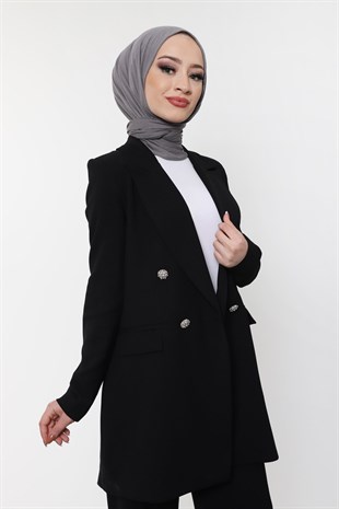 Blazer Ceketli Taş Düğmeli Takım Siyah