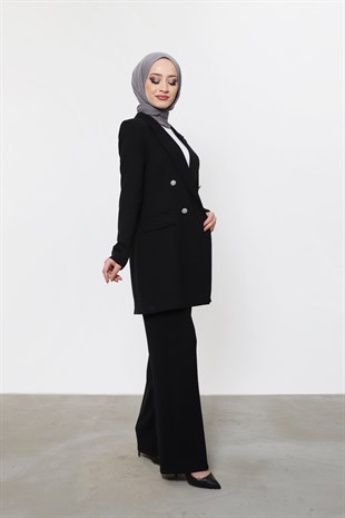 Blazer Ceketli Taş Düğmeli Takım Siyah