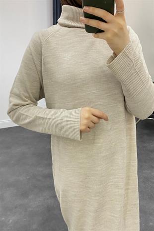 Boğazlı Triko Elbise Bej