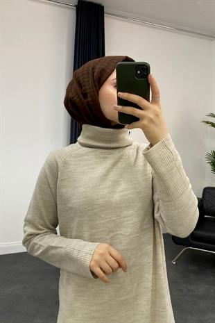 Boğazlı Triko Elbise Bej