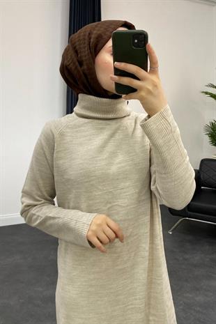 Boğazlı Triko Elbise Bej