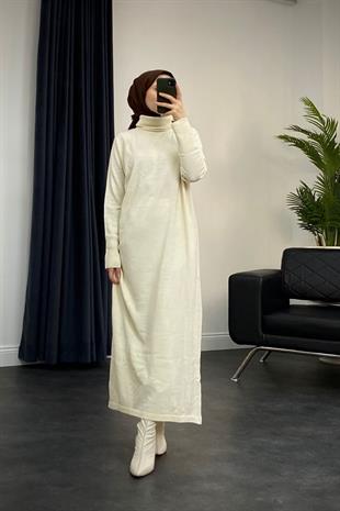 Boğazlı Triko Elbise Ekru