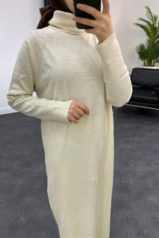 Boğazlı Triko Elbise Ekru