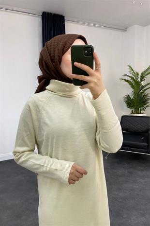 Boğazlı Triko Elbise Ekru