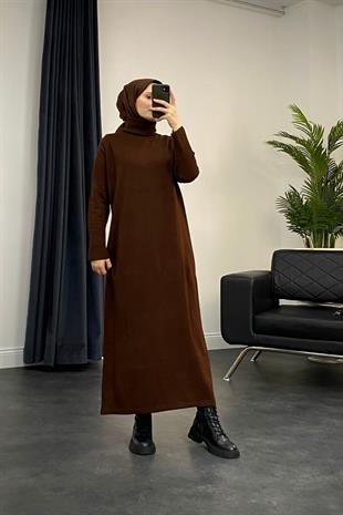 Boğazlı Triko Elbise Kahverengi