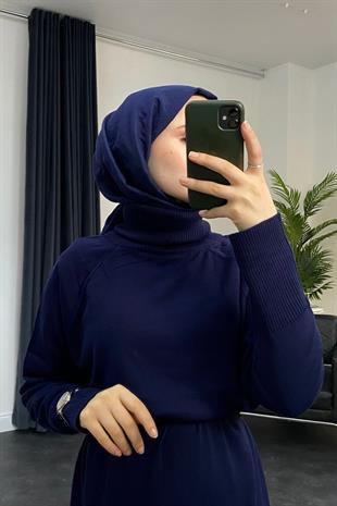 Boğazlı Triko Elbise Lacivert