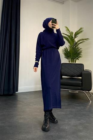 Boğazlı Triko Elbise Lacivert