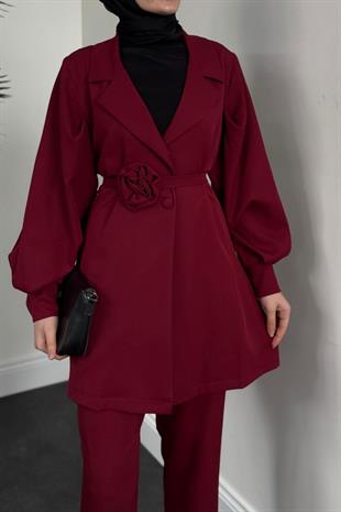 Bonita Gül Kemerli Astarlı Ceket Takım Bordo