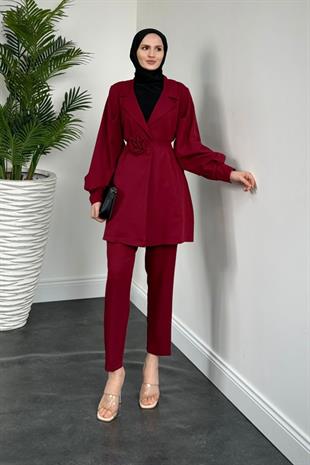 Bonita Gül Kemerli Astarlı Ceket Takım Bordo
