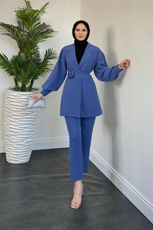 Bonita Gül Kemerli Astarlı Ceket Takım Mavi