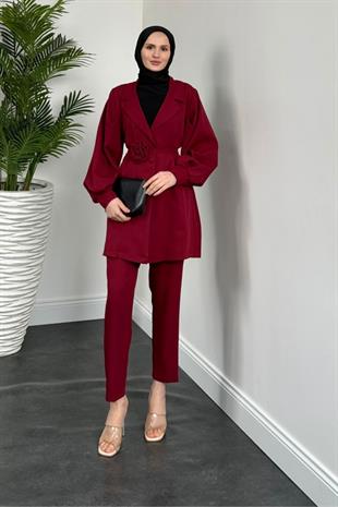 Bonita Gül Kemerli Astarlı Ceket Takım Bordo