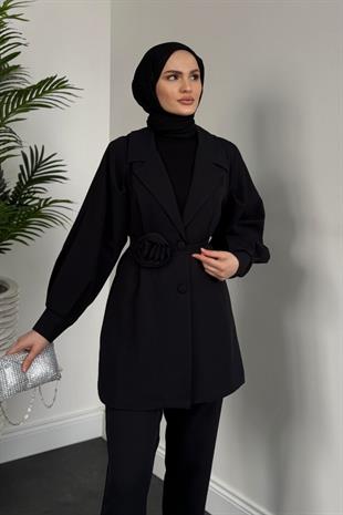 Bonita Gül Kemerli Astarlı Ceket Takım Siyah