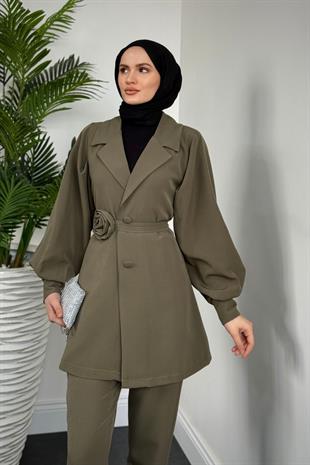 Bonita Gül Kemerli Astarlı Ceket Takım Haki
