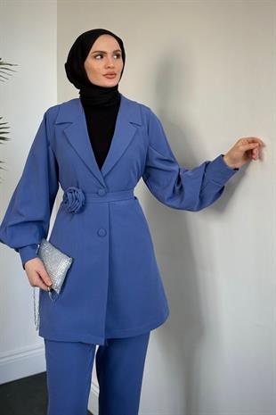 Bonita Gül Kemerli Astarlı Ceket Takım Mavi