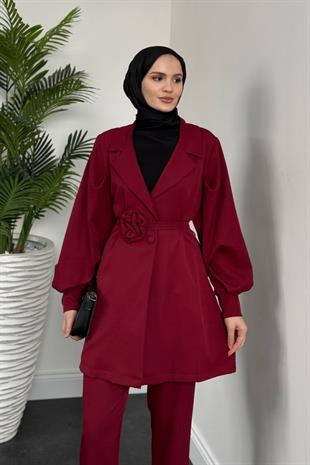 Bonita Gül Kemerli Astarlı Ceket Takım Bordo