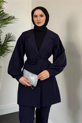 Bonita Gül Kemerli Astarlı Ceket Takım Lacivert