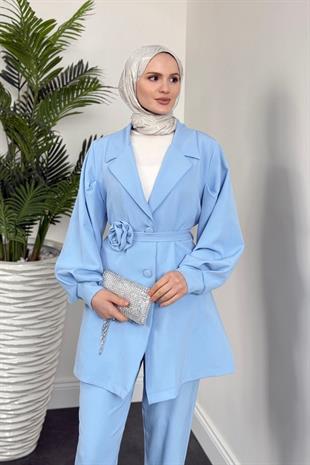 Bonita Gül Kemerli Astarlı Ceket Takım Bebe Mavisi