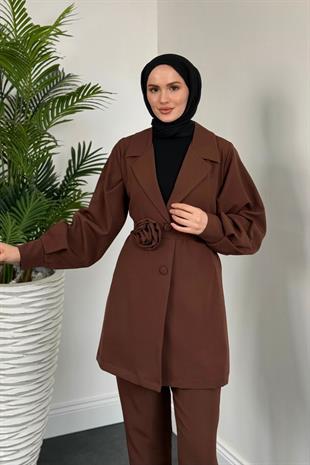 Bonita Gül Kemerli Astarlı Ceket Takım Kahverengi