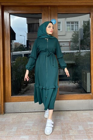 Boydan Fermuarlı Fırfırlı Kap Zümrüt