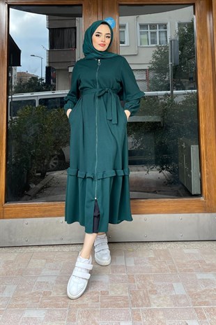 Boydan Fermuarlı Fırfırlı Kap Zümrüt