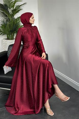 Branca Taşlı Gül Tokalı Abiye Bordo