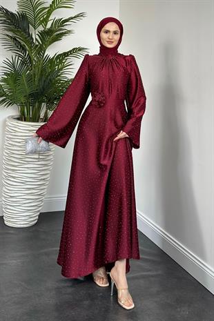 Branca Taşlı Gül Tokalı Abiye Bordo