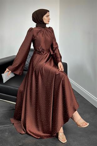 Branca Taşlı Gül Tokalı Abiye Kahverengi