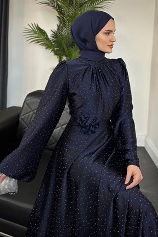 Branca Taşlı Gül Tokalı Abiye Lacivert