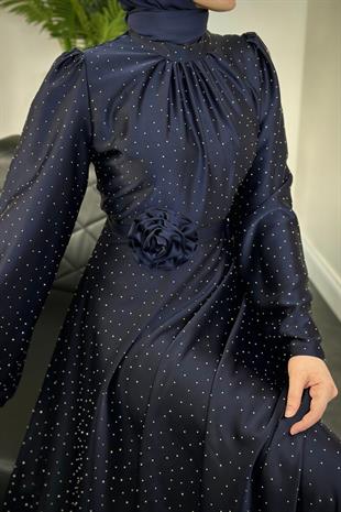 Branca Taşlı Gül Tokalı Abiye Lacivert