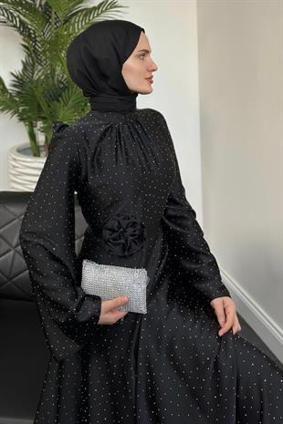 Branca Taşlı Gül Tokalı Abiye Siyah