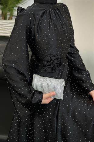 Branca Taşlı Gül Tokalı Abiye Siyah