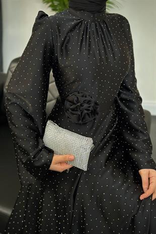 Branca Taşlı Gül Tokalı Abiye Siyah