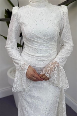 Brielle Taşlı Dantelli Abiye Beyaz