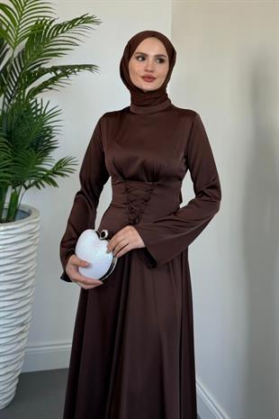 Briva Önden Bağlama Saten Abiye Kahverengi