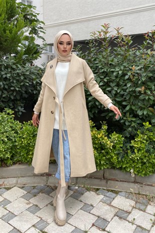 Bronş Detaylı Yandan Bağlamalı Kaşe Kaban Ekru