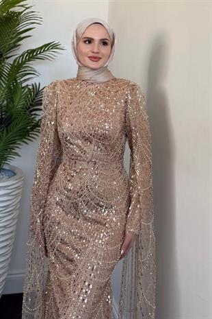 Brunella Pelerinli Taş İşlemeli Balık Model Abiye Gold