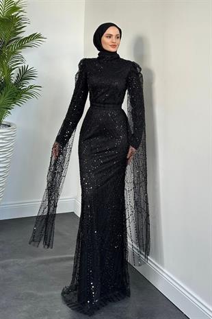Brunella Pelerinli Taş İşlemeli Balık Model Abiye Siyah