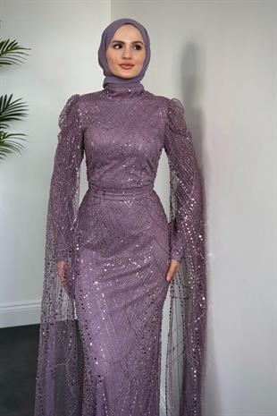   Brunella Pelerinli Taş İşlemeli Balık Model Abiye Lila (KEMERSİZDİR)