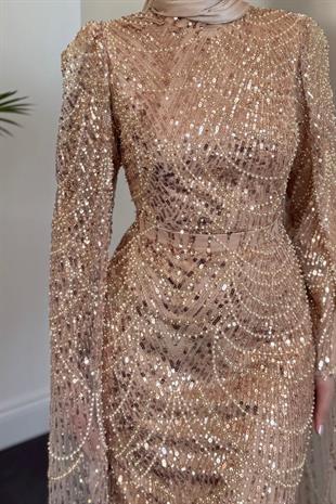 Brunella Pelerinli Taş İşlemeli Balık Model Abiye Gold